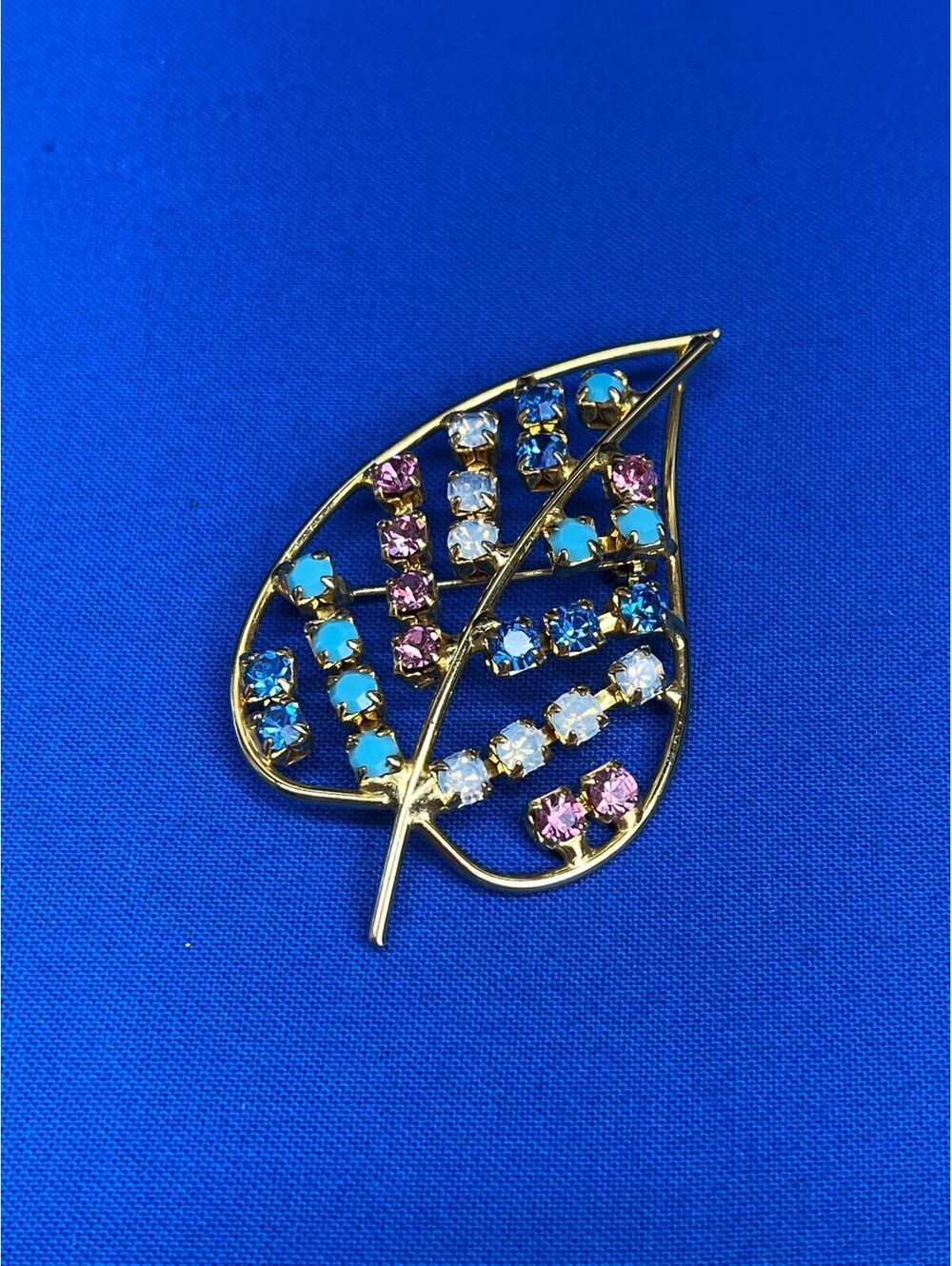 #19 Colorful Rhinestone Leaf Brooch Gold Tone